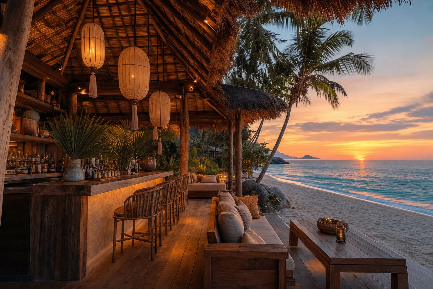 Tropical beach bar at sunset with warm coastal light